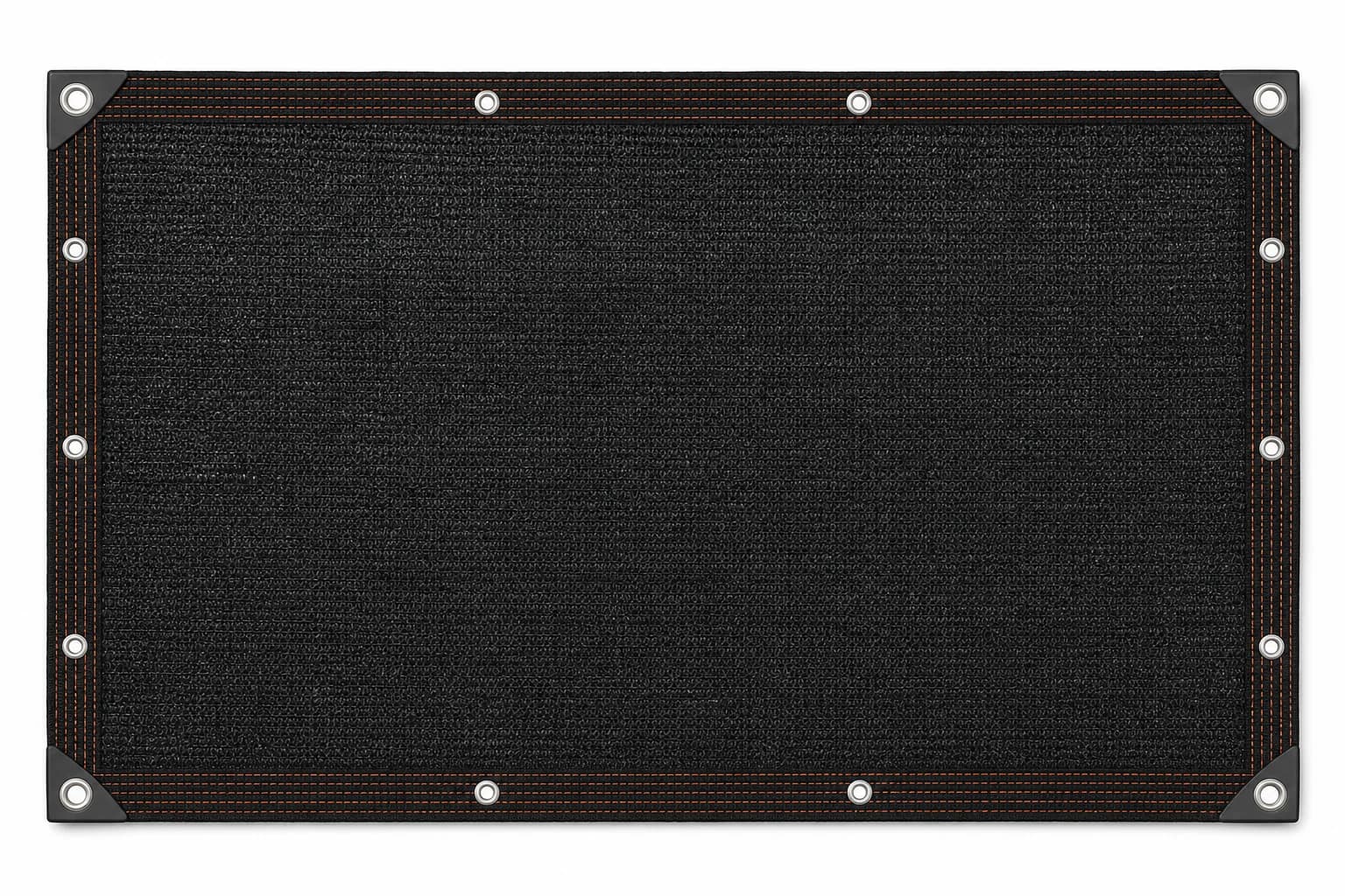 Full black HDPE knitted shade cloth panel laid flat, showing the stitched bound perimeter, metal grommets and reinforced corners