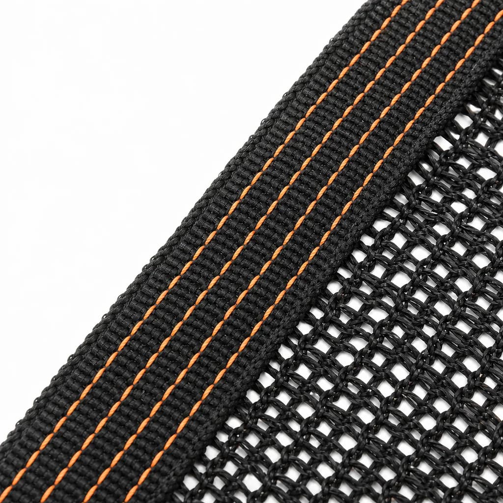 Close-up of the taped bound edge with stitch rows running alongside the mesh